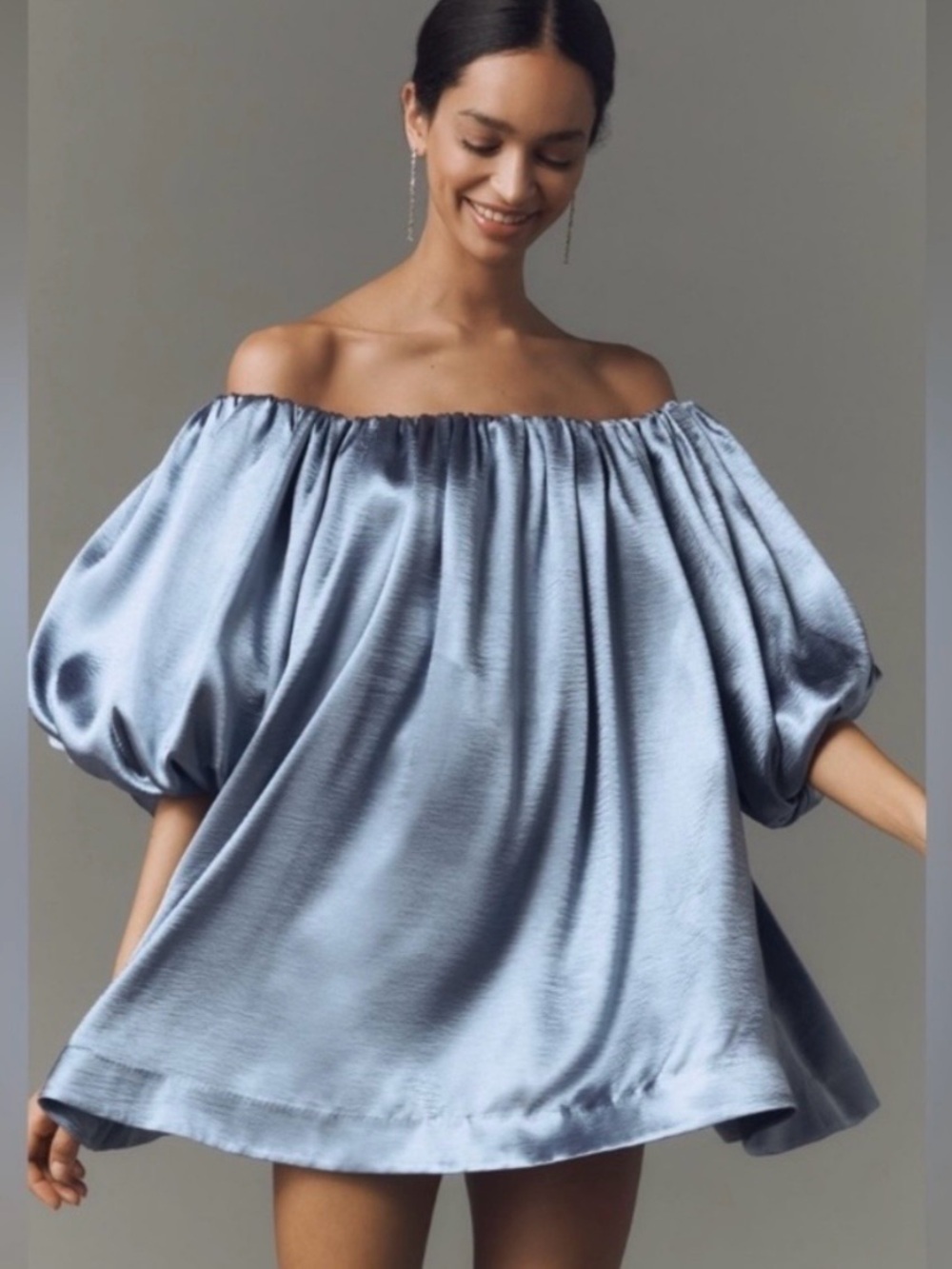 Off-Shoulder Satin Mini Dress in Light Blue